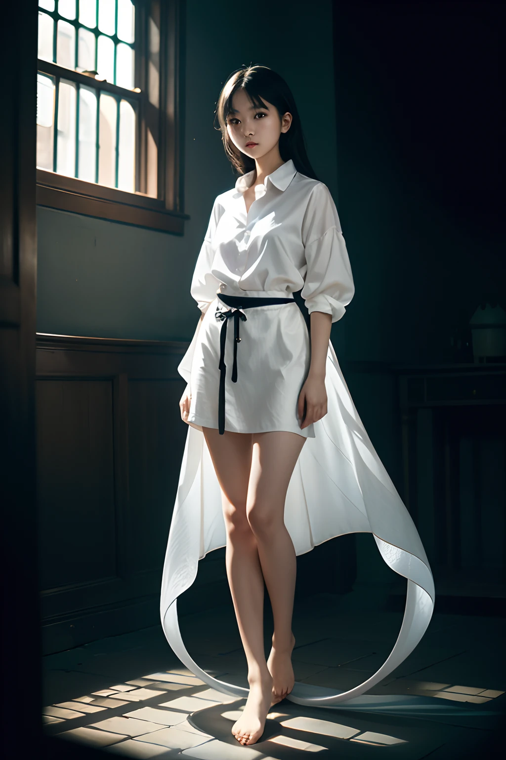 1girl, lamia, scales, white shirt, full body, Original Character, Volumetric Lighting, Best Shadows, Shallow Depth of Field, Stunningly Beautiful Girl, Petite, Delicate Beautiful Attractive Face
