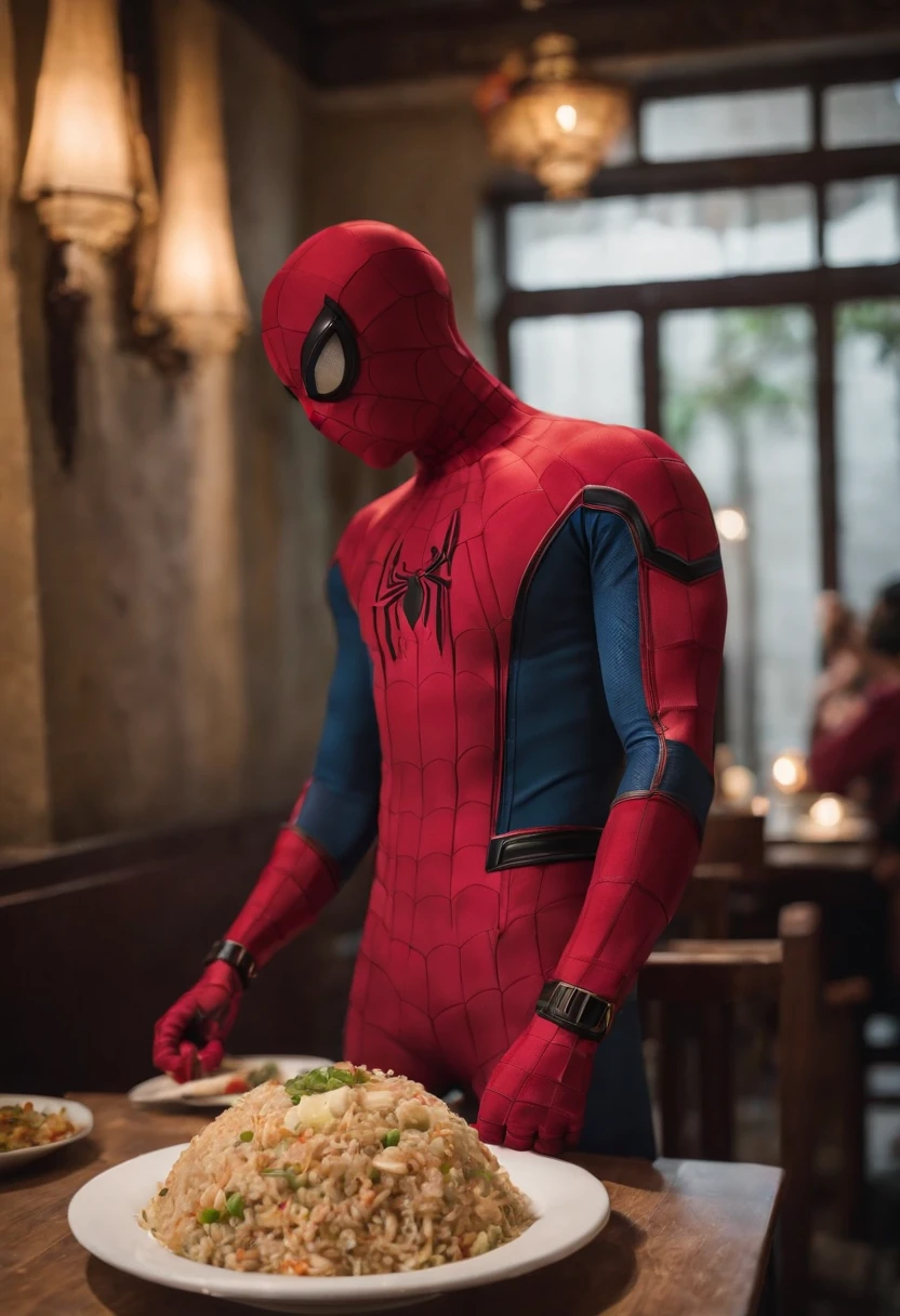 Cinematographer, ultra realista, Ropa detallada, Bellamente detallado, UHD, HDR, Altas Resoluciones, ultra detallado, Detalles intrincados, Efectos texturales, absurdos, obra maestra, 8k:1.2. En esta imagen, vemos a Spider-Man en un inusual descanso de sus actividades heroicas. He's standing in a chic Asian restaurant in his iconic costume........
Spider-Man holds a bowl of fried Chinese rice combined with oriental stir-fried noodles in his hands skillfully., usando unos elegantes palillos chinos para llevar un bocado a su boca. The plate is full of fried rice, salteado. The restaurant is decorated with traditional Chinese elements, como linternas rojas colgando del techo y dragones dorados esculpidos en las paredes. The dim light of the lanterns creates a warm and welcoming atmosphere in the place.