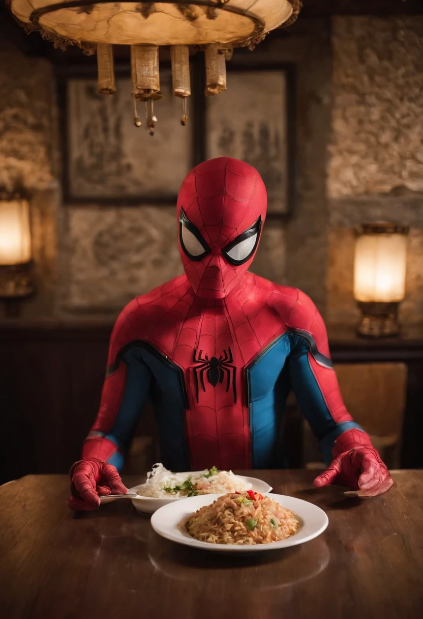 Cinematographer, ultra realista, Ropa detallada, Bellamente detallado, UHD, HDR, Altas Resoluciones, ultra detallado, Detalles intrincados, Efectos texturales, absurdos, obra maestra, 8k:1.2. En esta imagen, vemos a Spider-Man en un inusual descanso de sus actividades heroicas. He's standing in a chic Asian restaurant in his iconic costume........
Spider-Man holds a bowl of fried Chinese rice combined with oriental stir-fried noodles in his hands skillfully., usando unos elegantes palillos chinos para llevar un bocado a su boca. The plate is full of fried rice, salteado. The restaurant is decorated with traditional Chinese elements, como linternas rojas colgando del techo y dragones dorados esculpidos en las paredes. The dim light of the lanterns creates a warm and welcoming atmosphere in the place.