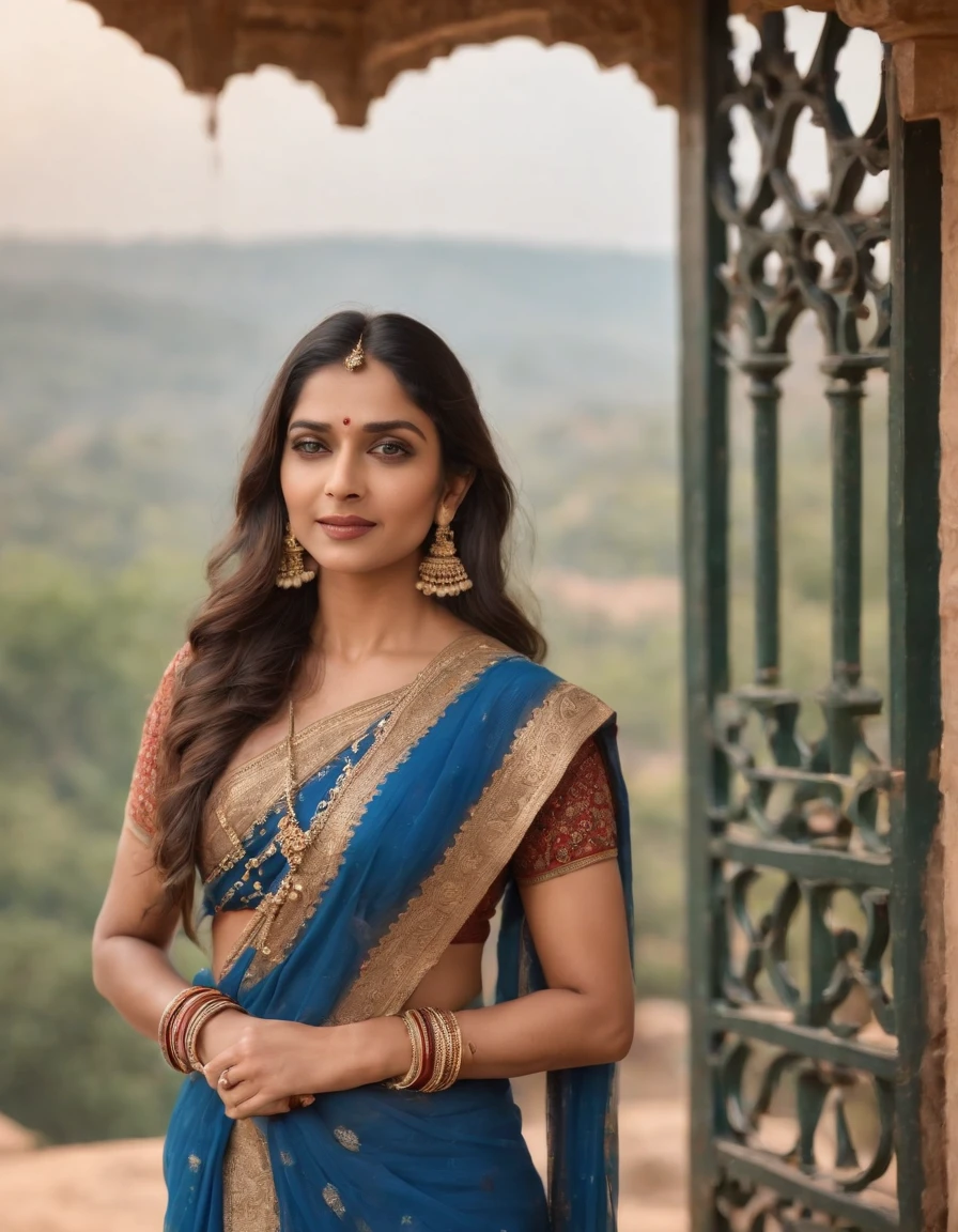 Woman in typical Indian dress, Blue gate in the background, half-length shot, Sunny day, high-quality photo