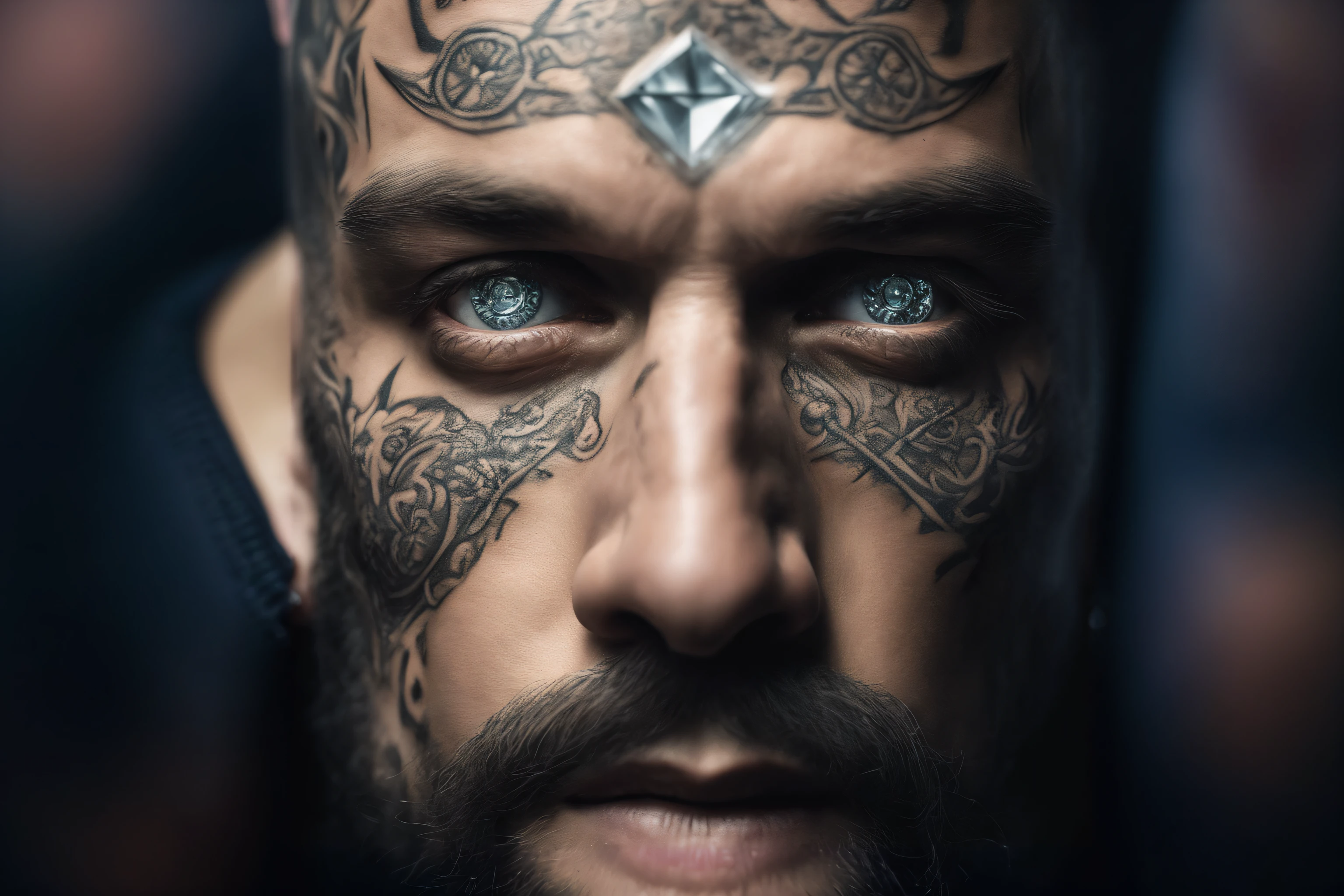 um close up de um homem com uma cruz na testa, full face tattoo epic portrait, com tatuagens de runa no rosto, rosto tatuado, simetria!! Retrato de Ciborgue, tatuagem no rosto, com tatuagem facial, Retrato detalhado de um ciborgue, Retrato em close-up de Ciborgue, homem tatuado, retrato masculino da fantasia, tatuagens no rosto, tatuagens faciais, epic full face portrait