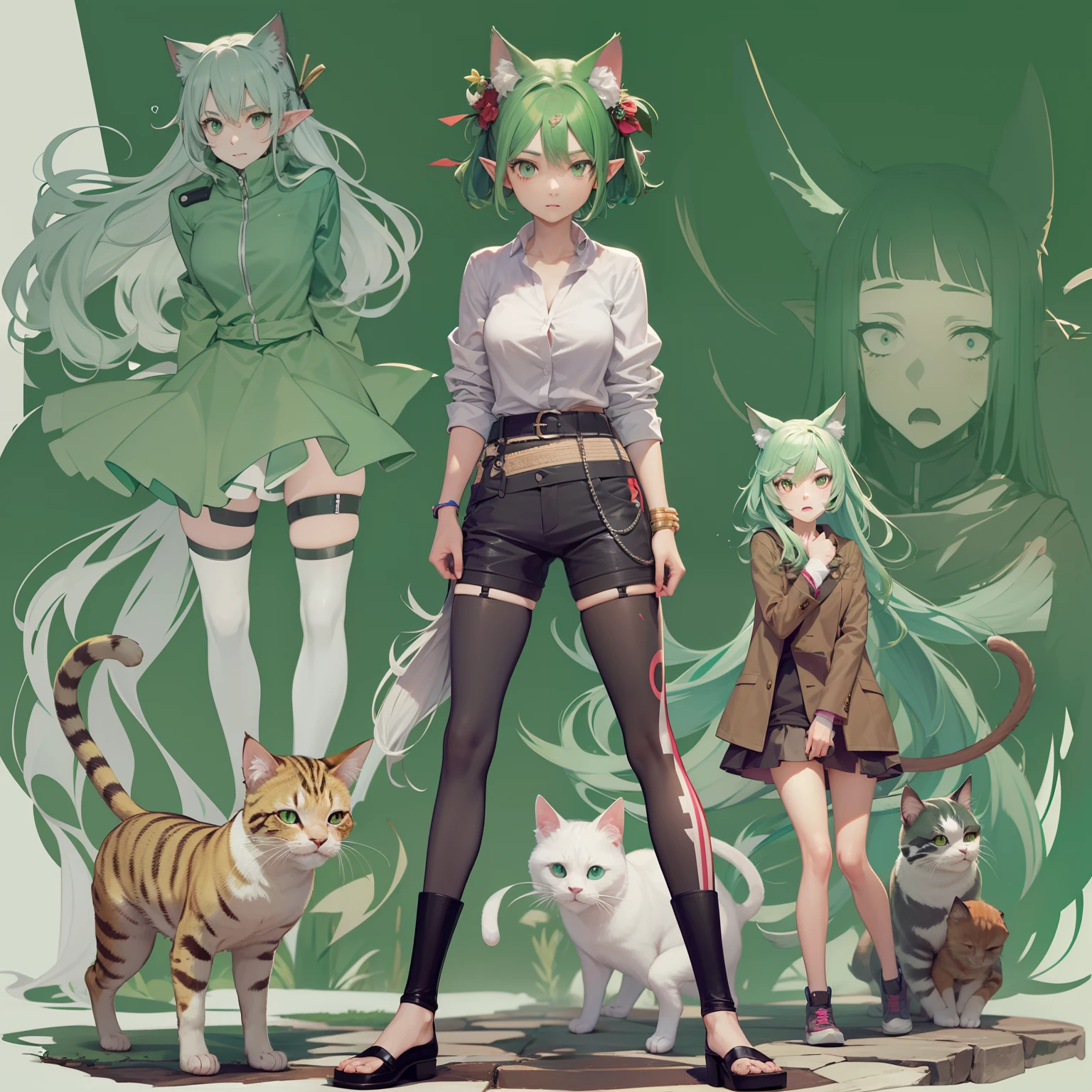 A girl with miwa from jujutsu Kaisen character design, with green hair , green eyes, elf ears, cat ears, with Nezuko from demon slayer )full body view,(full hd)
