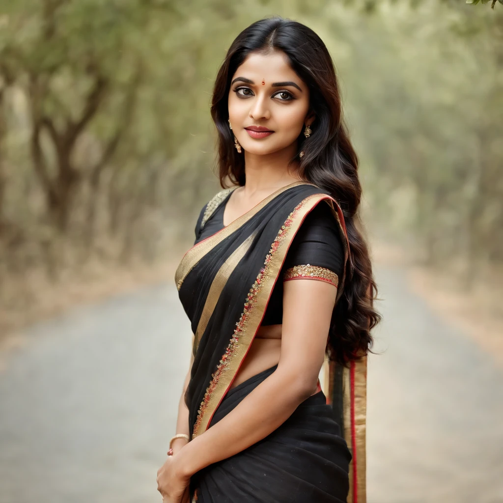 (best quality,ultra-detailed,realistic:1.37), South Indian Woman, black hair, extra detailed round face, full body slim figure, black saree, posing back with open back saree, beautiful eyes