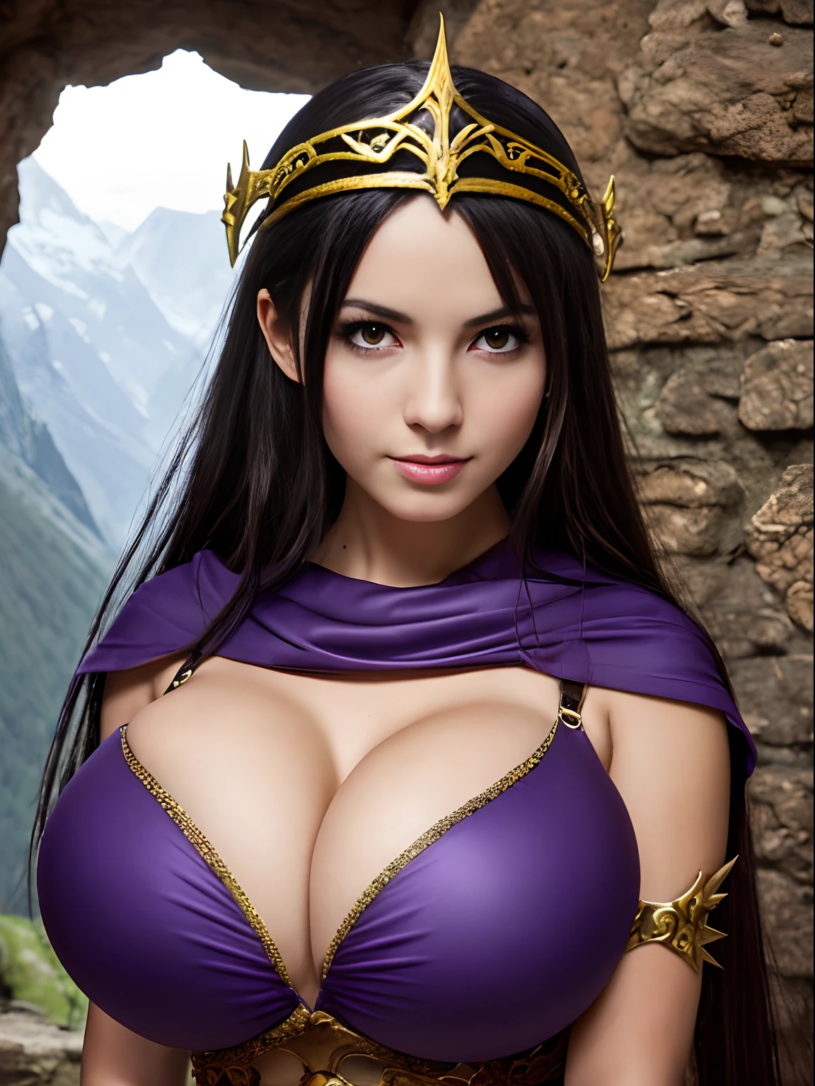 (masterpiece, top quality, best quality, official art, beautiful and aesthetic:1.2), (1girl:1.3), ((long black hair)), (((pale purple skin, pale blue skin, blue skin, purple skin))), extremely detailed, portrait, looking at viewer, solo, (full body:0.6), detailed background, close up, (cold night mountain theme:1.1), dark elf war dancer, (spiky winged crown), charlatan, smirk, mysterious, swaying in mountains, skimpy attire, revealing gladiatrix costume, ebony metal, gold filigree, gold bikini, circlet, cowl, metal bikini, long boots, dual knives, violet fabric, black leather, ((((gigantic breasts, cleavage, skindentation)))), cute belly button, toned tummy, slim waist, slim hips, long legs, medieval (mountain exterior:1.1) background, dark mysterious lighting, shadows, magical atmosphere, dutch angle