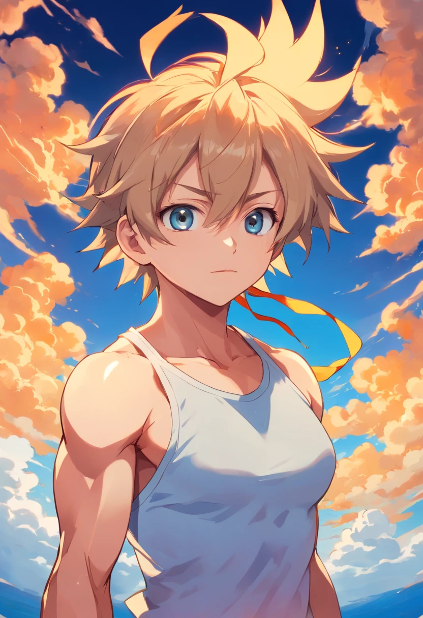 TAN BOY. Estilo Naruto Shippuden, Standing in front, (((((frente))))) Full-body volumetric lighting, muscles highlighted by light, jovem, (rosto jovem), aesthetic body (boa anatomia) Brazilian facial features, Cabelos loiros, cabelos movidos pelo vento, cabelo em rabo de cavalo com franja que cai sobre a testa e em ambos os lados do rosto, esclera branca, olhos azuis (Olhos detalhados) olhos grandes, ((olhos azuis)), sobrancelhas finas, Rosto de adolescente, pixiv mais votado, rosto jovem, dia ensolarado, few clouds in the sky, bulge in crotch. fisiculturista, Exaggerated muscular physique, bodybuilder physique, exaggerated physique, massive muscles, Bowed muscles;, fisiculturista, Muscular construction, big physique, largo, largo e forte |, musculoso , musculoso, extreme muscles, absurdly massive physique, perfect muscular construction, corpo musculoso, corpos musculosoes. Do not wear any adornment, como um colar, cachecol ou gargantilha