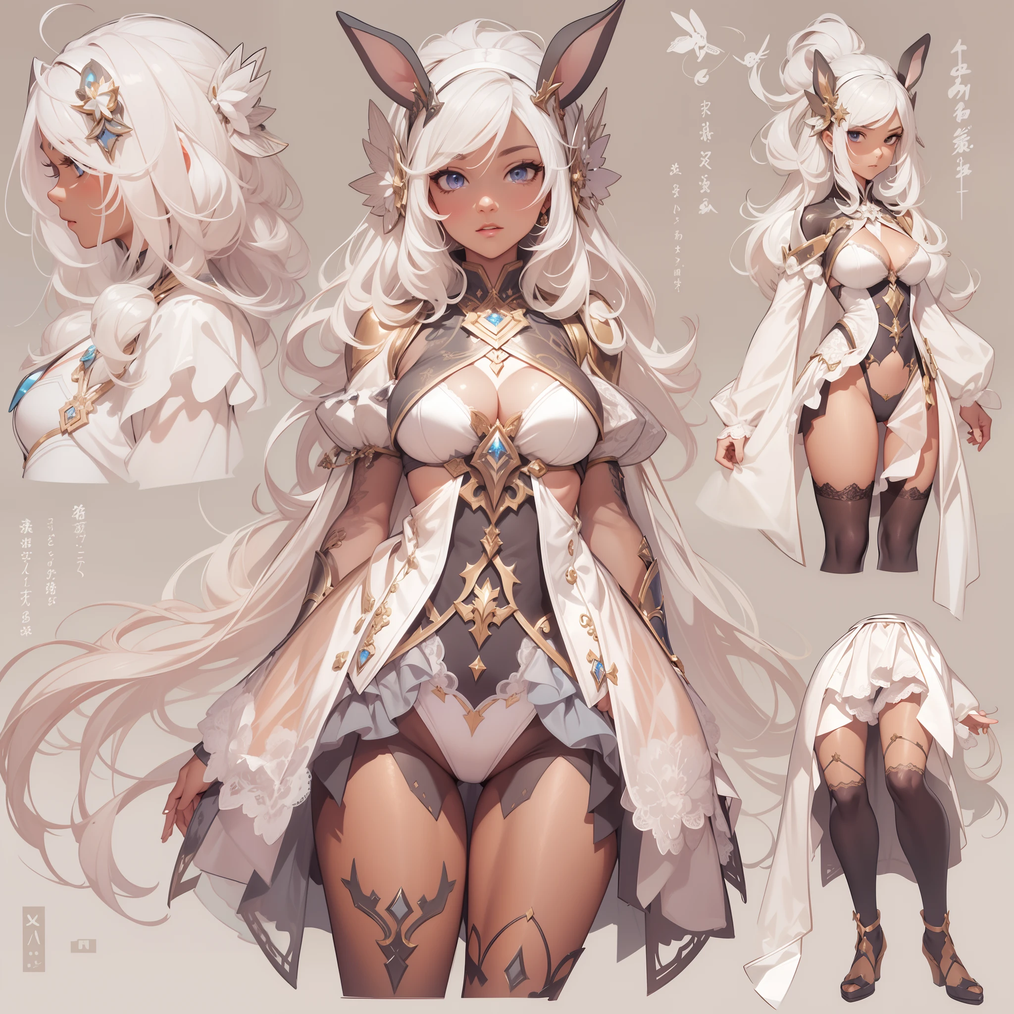 Masterpiece, Highest quality, Detailed face, CharacterDesignSheet,perfectly proportions,full bodyesbian,Full of details, Multiple poses and expressions, Highly detailed, Beautiful paladin girl,Gradient color,Wear a rabbit outfit,Star decoration,Lace,lacepantyhose, High Balance,Natural light