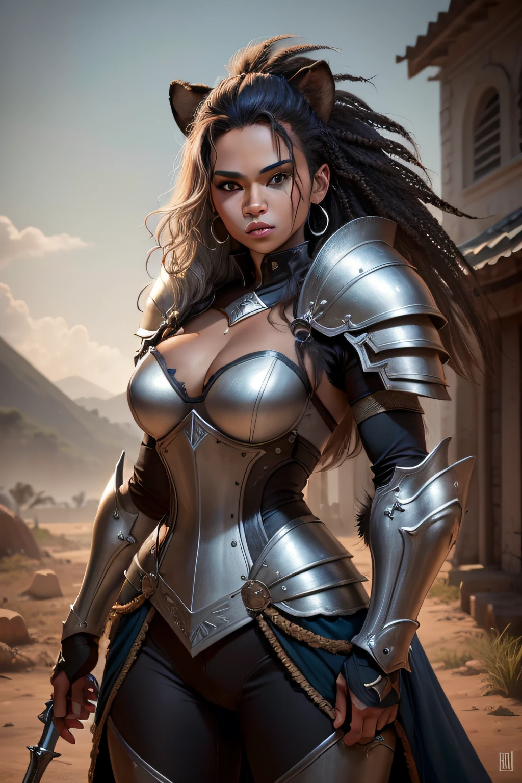 mulher guerreira, cabelos negros, cabelos ondulados, leoa feral, furry, com armadura, morena, Lion armor, full armor