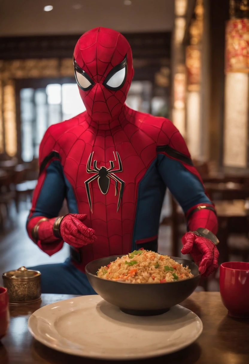 Cinematographer, ultra realista, Ropa detallada, Bellamente detallado, UHD, HDR, Altas Resoluciones, ultra detallado, Detalles intrincados, Efectos texturales, absurdos, obra maestra, 8k:1.2. En esta imagen, vemos a Spider-Man en un inusual descanso de sus actividades heroicas. He's standing in a chic Asian restaurant in his iconic costume.........
Spider-Man holds a bowl of fried Chinese rice combined with oriental stir-fried noodles in his hands skillfully., usando unos elegantes palillos chinos para llevar un bocado a su boca. The plate is full of fried rice, salteado. The restaurant is decorated with traditional Chinese elements, como linternas rojas colgando del techo y dragones dorados esculpidos en las paredes. The dim light of the lanterns creates a warm and welcoming atmosphere in the place.