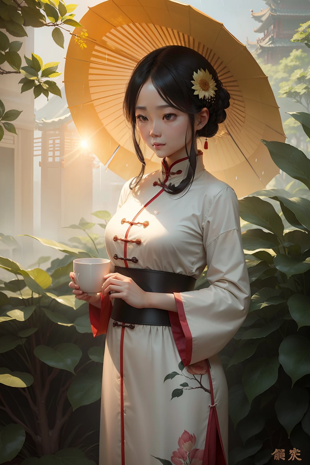 24 solar terms, The sun is fierce、Hot temperature, humidity, rainy Chinese sketch style The weather is sunny,Rich in shades,detail-rich