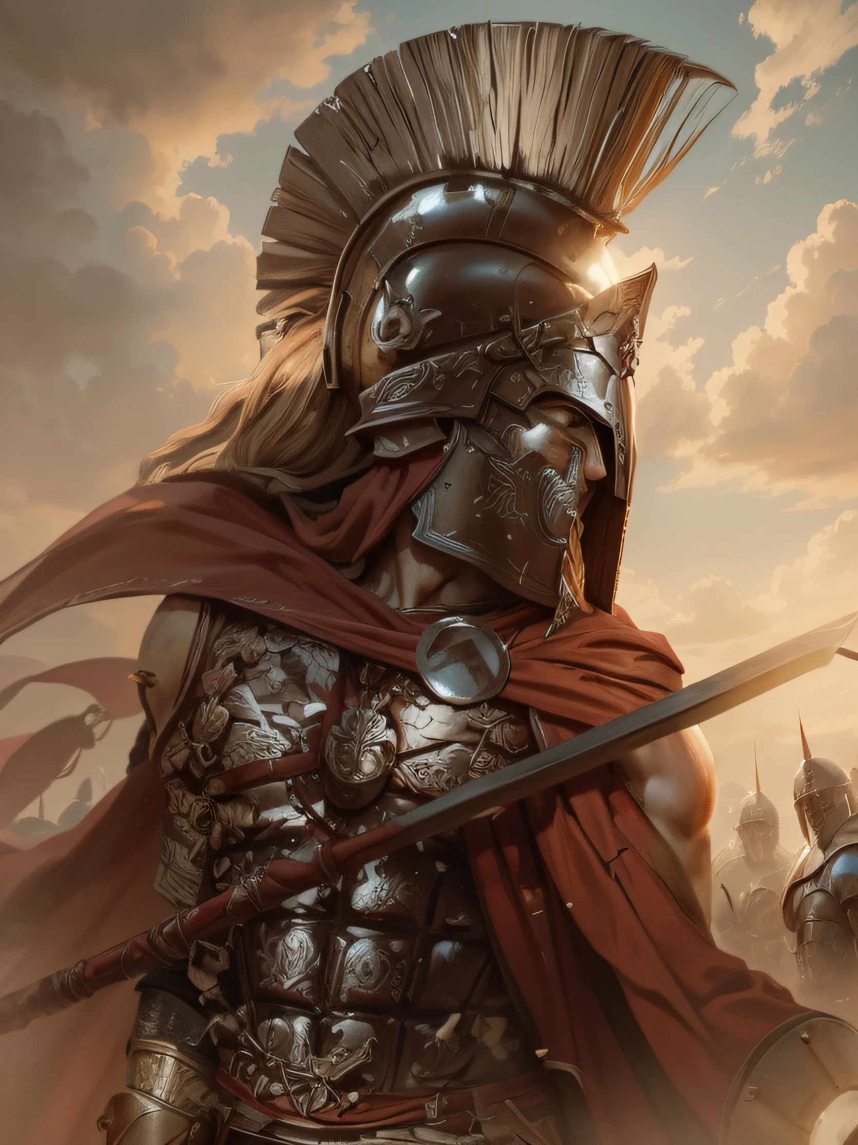 Spartan warrior with spear in his hands and blood over his chest