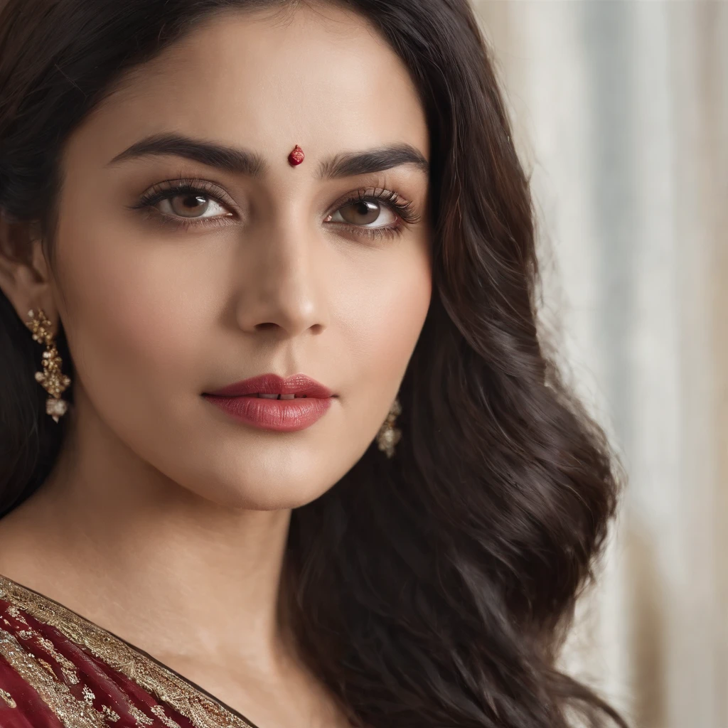 (best quality,4k,8k,highres,masterpiece:1.2),ultra-detailed,realistic:1.37,a woman in her 40s,slim figure,fair complexion,round black eyes,detailed gaze,black hair,black saree,posing,white background