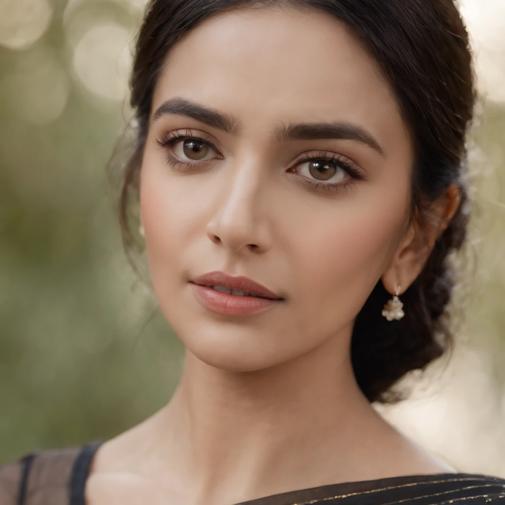 (best quality,4k,8k,highres,masterpiece:1.2),ultra-detailed,realistic:1.37,a woman in her 40s,slim figure,fair complexion,round black eyes,detailed gaze,black hair,black saree,posing,white background