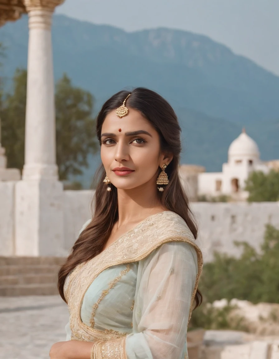 Woman in typical Indian dress, White woman,European people,Blue gate in the background, half-length shot, Sunny day, high-quality photo