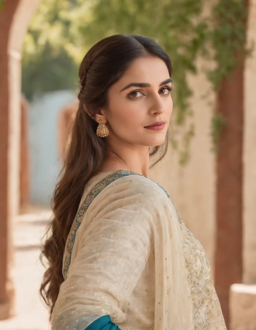 Woman in typical Indian dress, White woman,European people,Blue gate in the background, half-length shot, Sunny day, high-quality photo