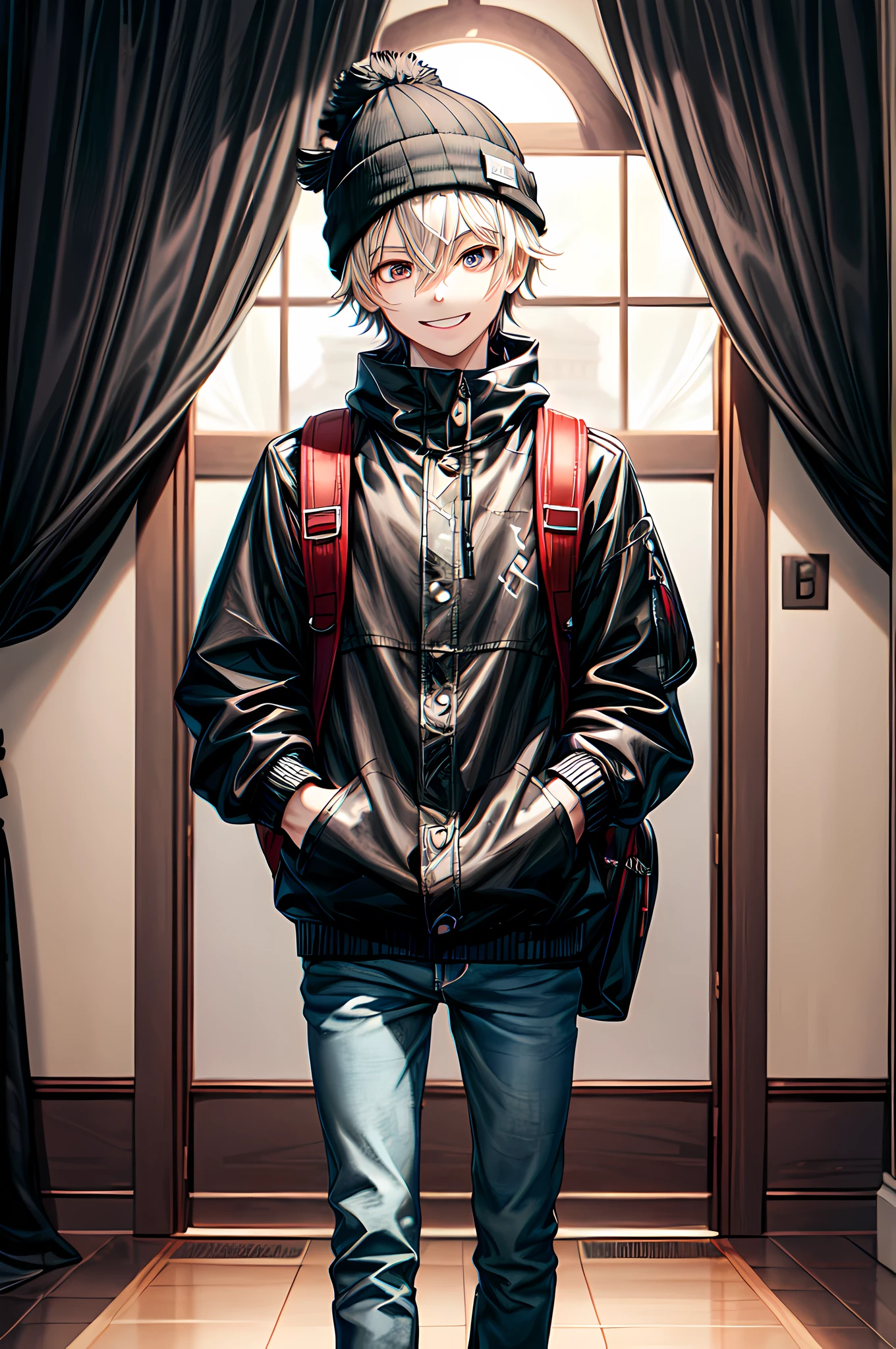 best quality,masterpiece,original,extremely detailed wallpaper,looking at viewer,1boy,solo,male focus,curtain_hair,happy,evil smile,beanie,black beanie,backpack,denim jacket,black black pants,white footwear,hair between eyes,black shirt,