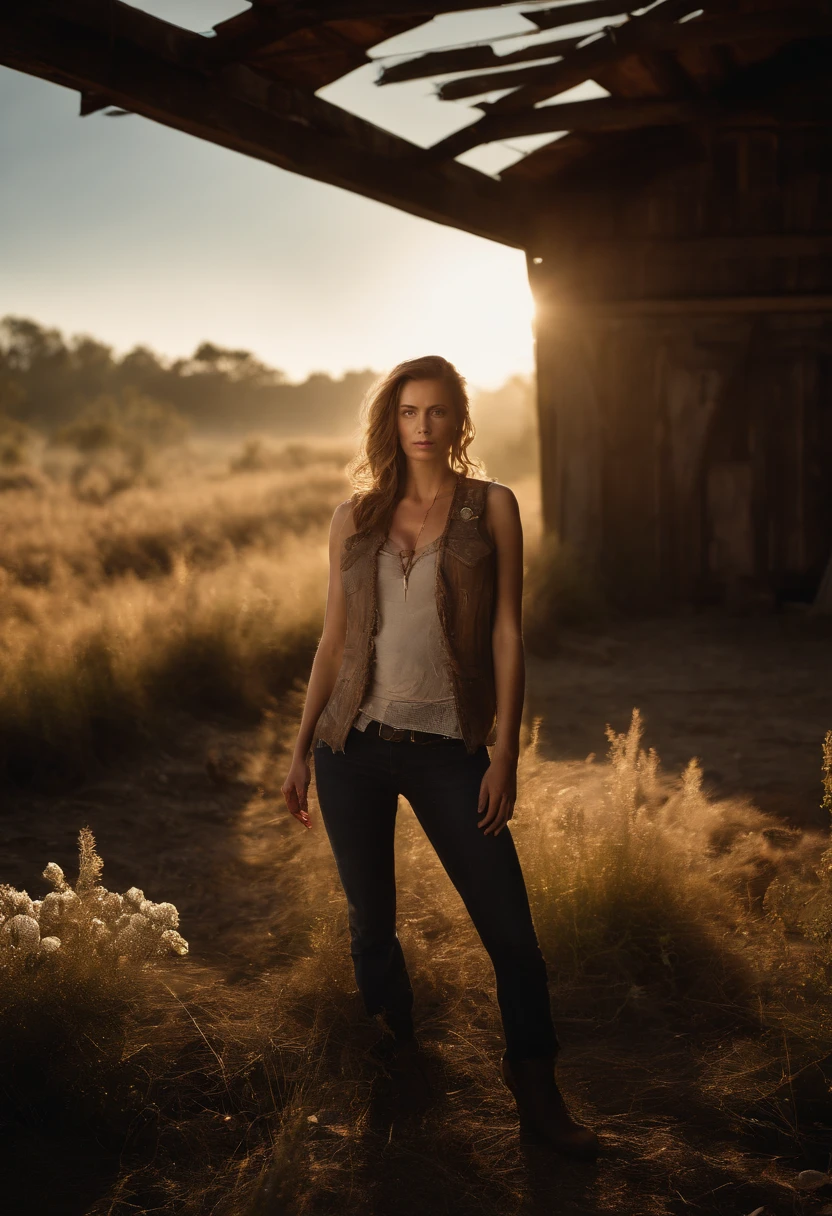 hyper real photo of, American drama The Walking Dead stills, ((Woman in cluttered barn wearing sexy shabby tattered cotton vest)), ((detailed realistic face and eyes)), 8K resolution, (ModelShoot style), Sunset, (From_Below:1.4), soft small covered by (Tear the torn cotton vest), Natural breasts, Cinematic lighting, character chart, close-up, Wide-Angle, lens flare