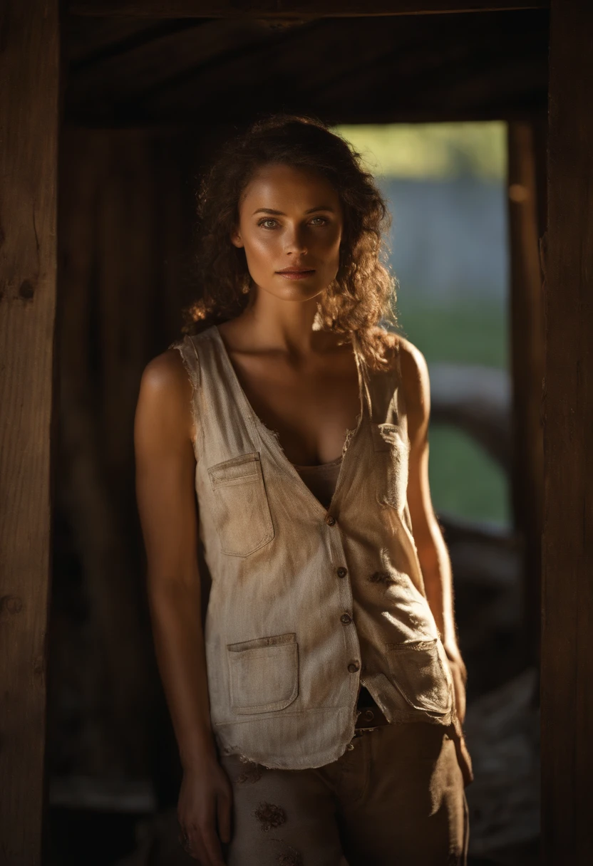 hyper real photo of, American drama The Walking Dead stills, ((Woman in cluttered barn wearing sexy shabby tattered cotton vest)), ((detailed realistic face and eyes)), 8K resolution, (ModelShoot style), Sunset, (From_Below:1.4), soft small covered by (Tear the torn cotton vest), Natural breasts, Cinematic lighting, character chart, close-up, Wide-Angle, lens flare