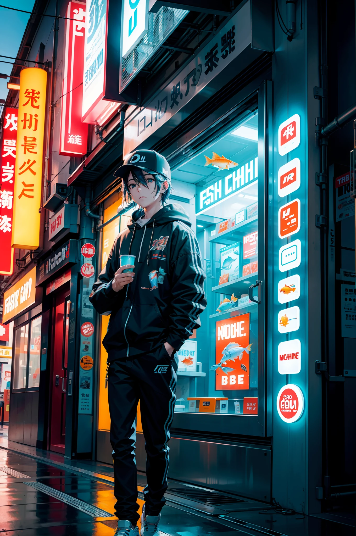 Fish in the machine、Robot Goldfish、neon signs:1.5