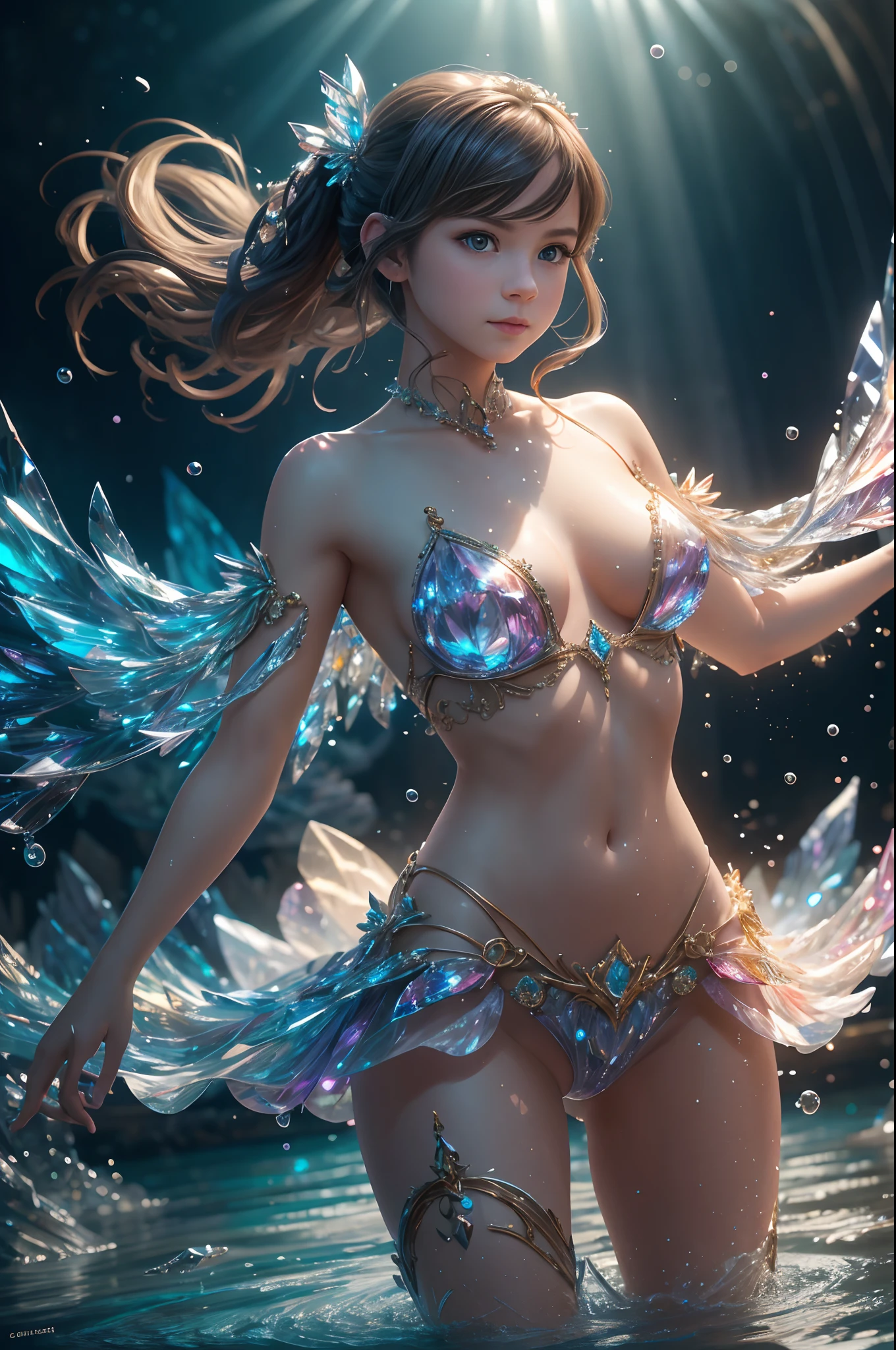 A beautiful teen girl is dancing, looking into the camera, photorealistic painting, sharp focus, 8k, perfect composition, trending on art station, award-winning photograph, unreal engine 5, cinematic smooth, intricate detail, highly detailed, from below, splash, fractal art, god ray, crystallineAI, rainbow, in the river, naked,1girl, GinaGerson, crystals fantasy