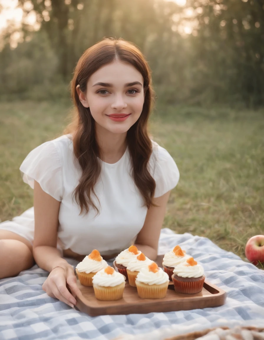 Girl smiling on picnic blanket，There were apples and bread，Cupcakes，picnic table, Surrealist fashion photography style, White and gold, Animated GIFs, , photo taken with ektachrome, sportrait, self - portrait, Kawaii fashion