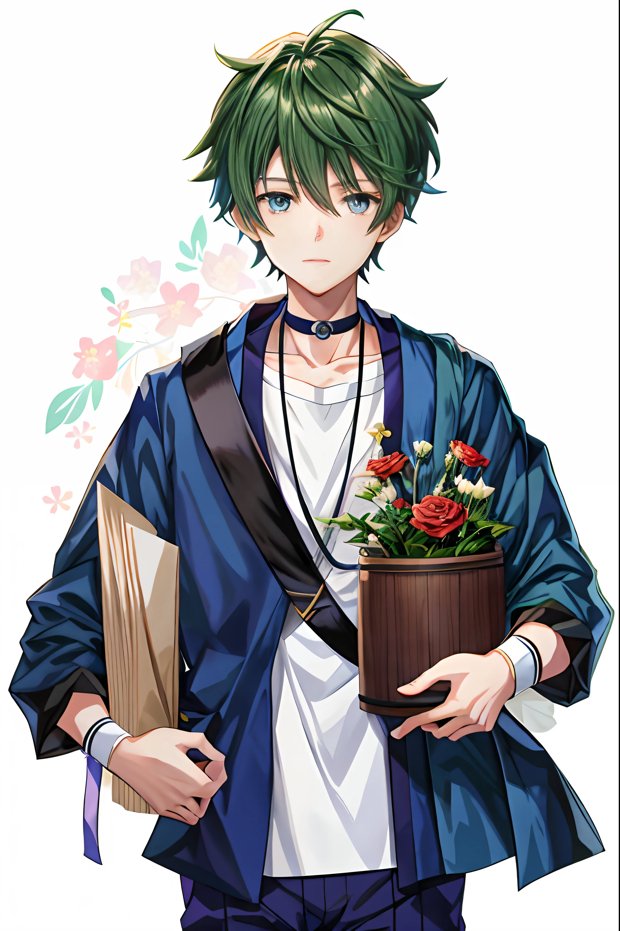 Anime boy with pots and books, With flowers, young anime man, Single character full body, anime moe art style, Tall anime guy with blue eyes, by Kamagurka, full body portrait of a short!, half-body portrait, makoto kano, male anime character, as an anime character, full-body portraits