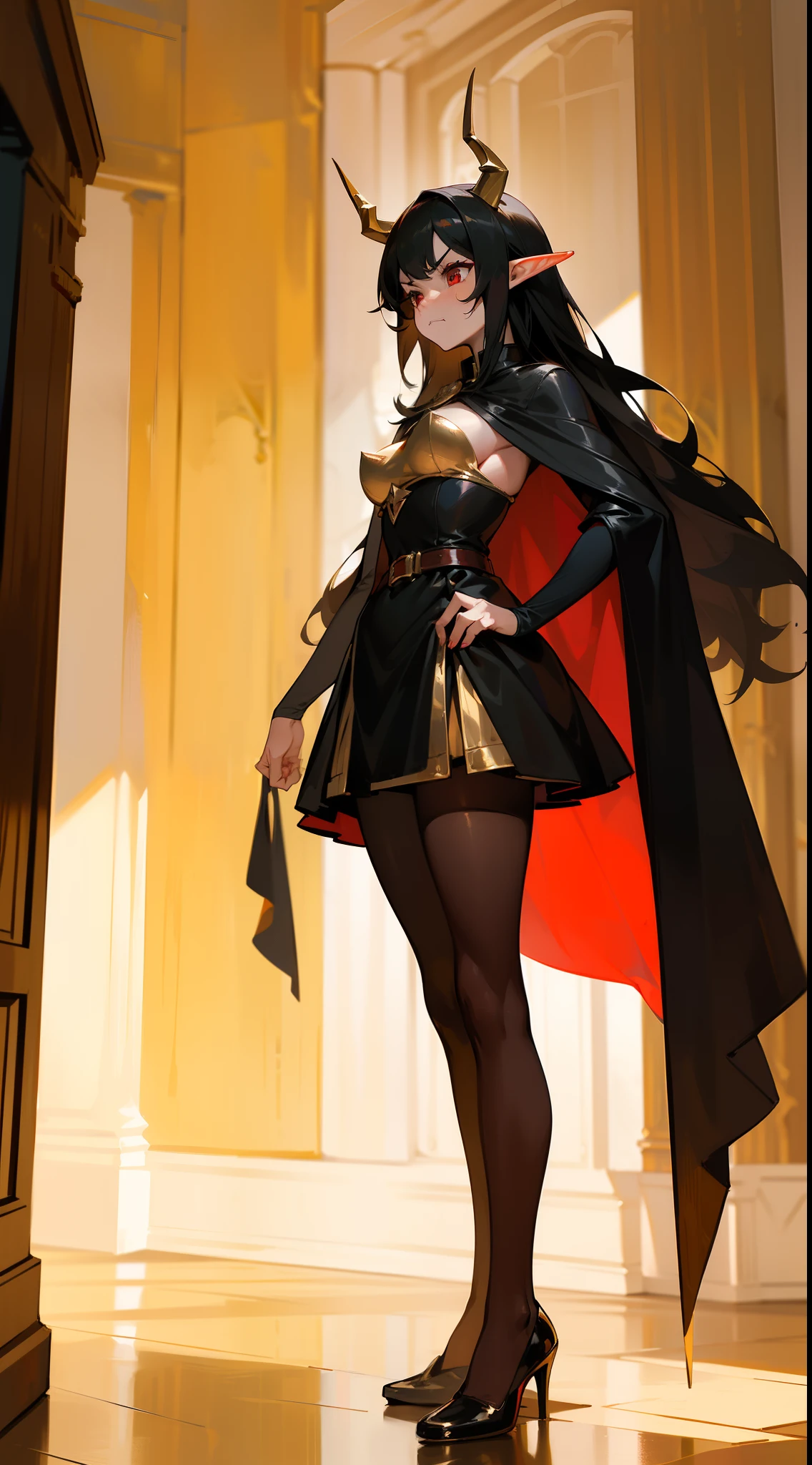 1woman,40s,solo,angry face,golden and black short dress,medium tits,black hair,long hair,red eyes,elves ears,golden horns,pantyhose,long cape,hidden hands,(((standing in front of a room inside a castle)))