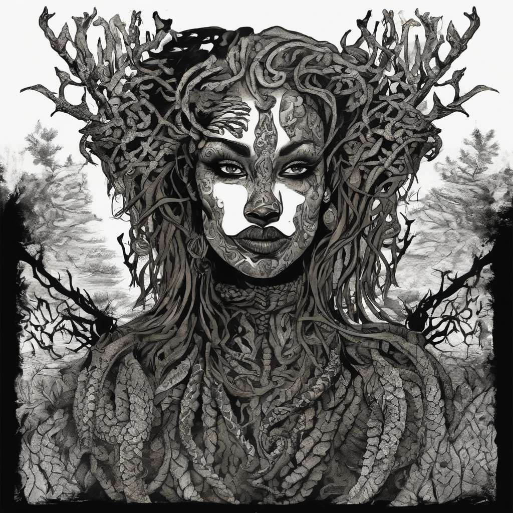 Medusa, hand drawn sketch, pen and ink line illustration, candid, double exposure, silhouette, optical illusion,((art style "Sean Gordon Murphy" comic drawing, splash panel)), nyctophobia, full body portrait, snake skin dress, (body, Naga, snakefolk, lower body snake tail, snake woman hybrid, bald, hairless, skeleton, body drawn in Frederic Delavier musculature anatomical illustration art style, snake skin tattoos, piercing eyes, snake pupils), (face, ornate black metal corpse paint, resembles Grace Jones), craftsmanship nuance, full body portrait, (colors, forest green to earth brown, merge bleak muted deep fiery radiant glowing ROYGBIV), (background, pine barrens, entropy, rewilding, magic hour sunset with galaxy stars, cosmos), subliminal orchids, (horror, abstract, surreal, body, cosmic), (art style Gerardo Zaffino charcoal), unfinished,