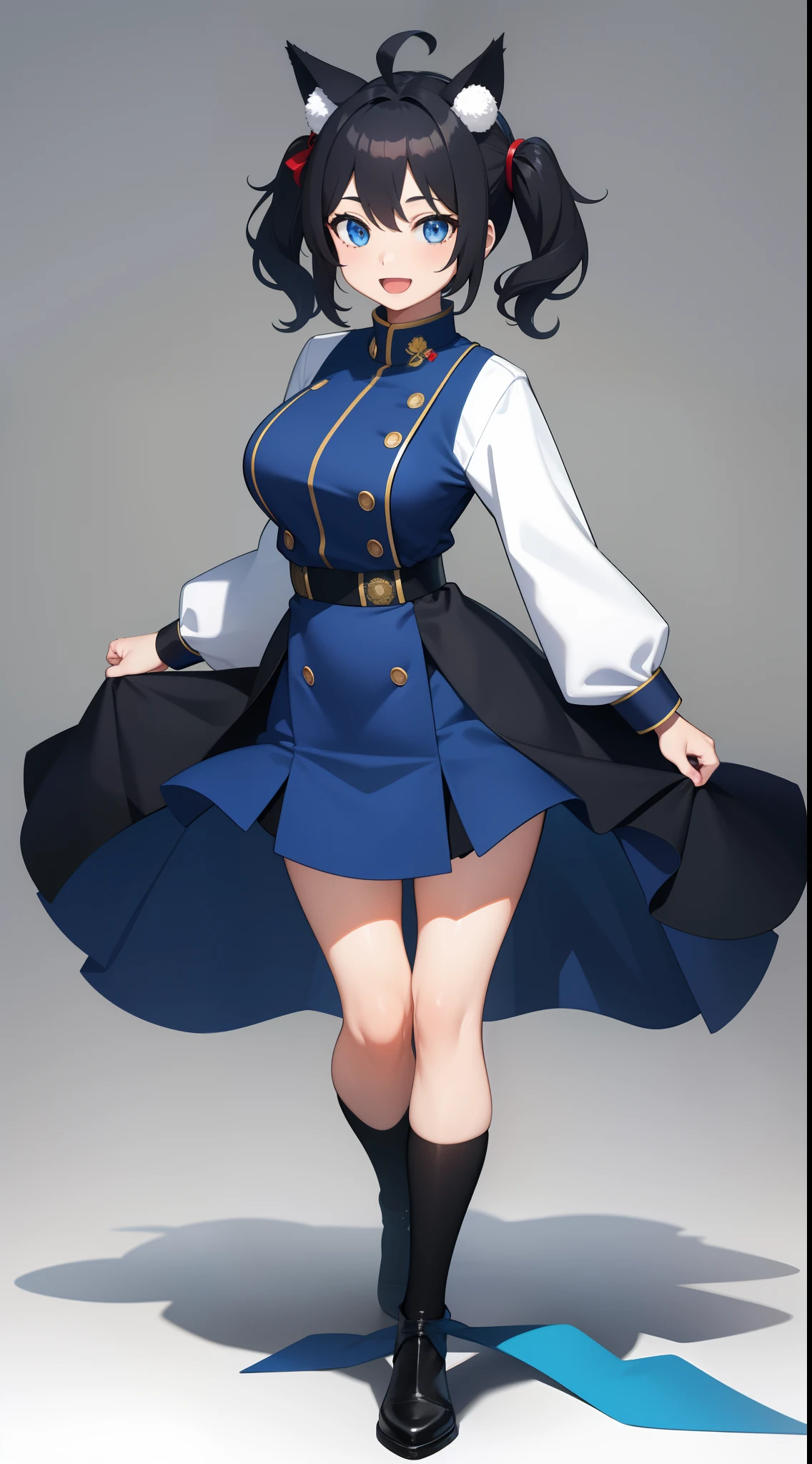 Full body, Upright, Arms at sides, Looking at Viewer, Simple background, 1girl in, Open mouth, Smile, Virtual Youtuber、girl with、、((Best Quality, high_resolution, Distinct_image)),(Black hair), (Black cat ears), (Ahoge), (absurdly short hair), (Wavy Hair), (Blue eyes),、A smile、large full breasts、Hair with twin tails、Dressed in military uniform。