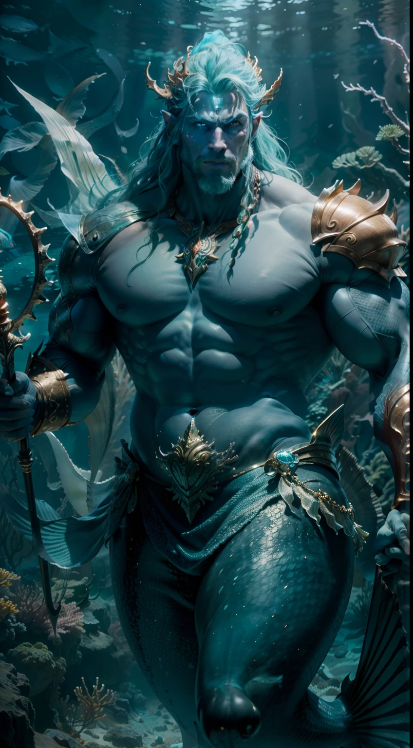 A male mermaid,The upper body is a human and the lower body is a fish,Blue-green scales,Finned ears,Mature male,musculous,vast pecs,Broad shoulders,Thick chest,Bare upper body,Gold crotch armor,Huge crotch bulge,Smooth skin,Glowing skin,glowing light eyes,Coral Crown,Flowy layered hair,Mermaid King,the god of the sea,holding trident,Majestic expression,High- sharpness,High Picture Quality,tmasterpiece,Movie lighting,Skin with a real texture,Hyper-realistic photos,Fantasy style,Background with:ocean floor,dolphins,Surrounded by colorful fish,colorful coral,Colorful background,intricately details,rich background