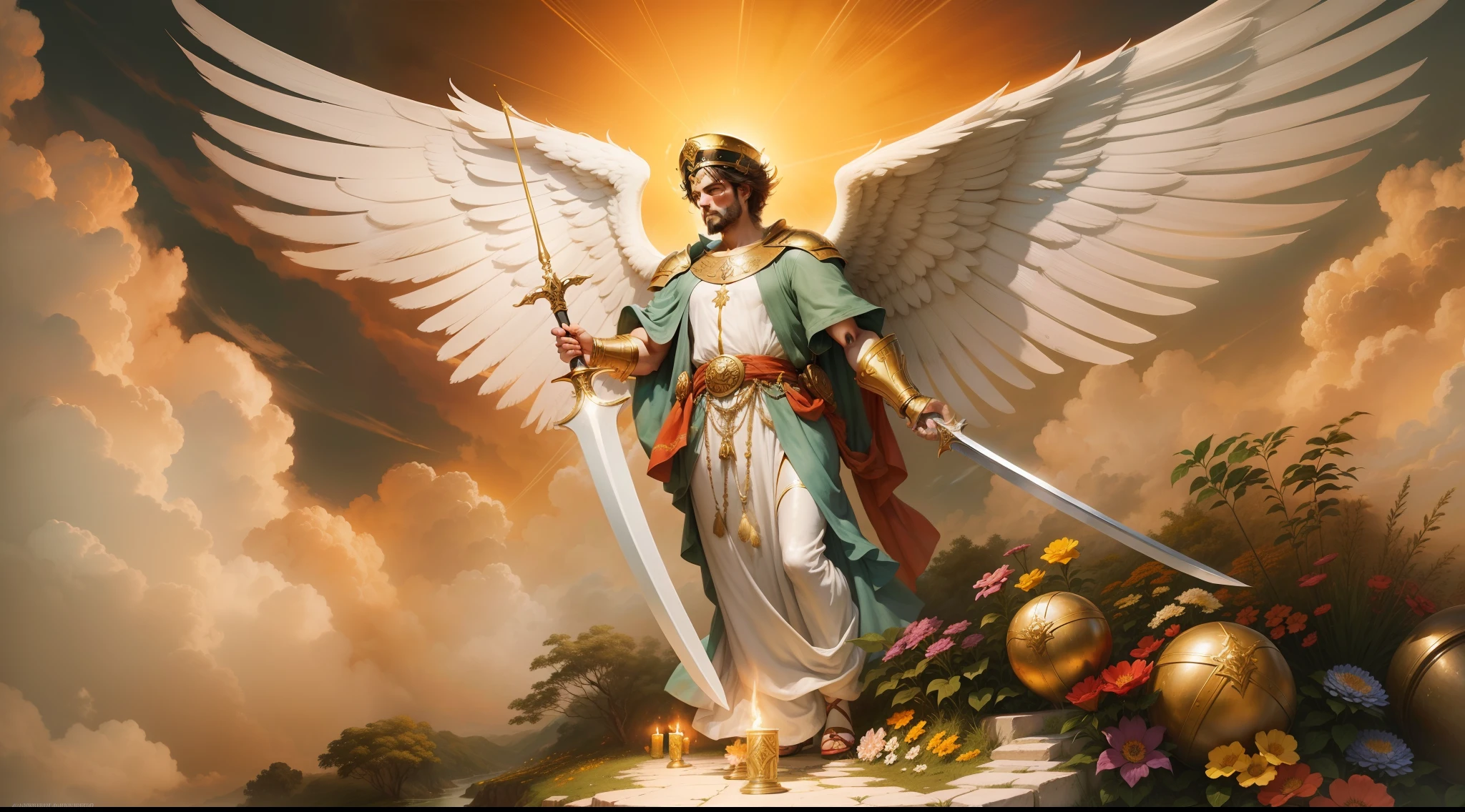 Closeup of an image a man angel with a large and long sword with attack position in right hand, in the other left hand holding a scale, Angel dressed as a Roman soldier looking at the ground, arcanjo homem com asas grandes, o anjo da fortuna, perfeito, Realistic, Biblical setting, Biblical Paradise Setting, sol e nuvens ultras realistas, flores e velas, illuminated archangel of heaven, flores coloridas, velas acesas, roupas brancas e vermelhas