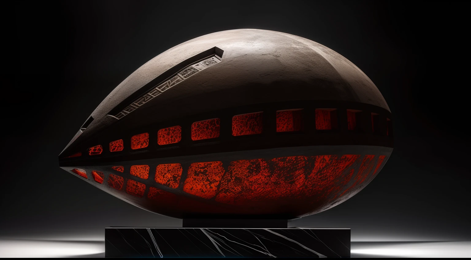 Dark opaque marble sculpture H style.r. Giger. Gigante. 8K High Resolution, realistic photograph, alto detalles, Alien, metales opacos, detalles altos de las texturas, alien scriptures. Alto contraste en las texturas, High-precision inserts and joints, black background with cold mists, Specular film lighting. biomechanics, alto contraste 8K de las texturas. Escultura perfecta, obra maestra, robusta, fuerte, oscura, film lighting, Gigante 8K fotorealista, vista perspectiva cenital y basal, fine lighting details on the surface in 16 K. Luz ambiente de un sol lejano rojo. Nave estilizada poderosa en tierra gigantezca. Niebla y humo en el ambiente, Heavy atmosphere red and orange, Alinigen sculpture, adorada, alto impacto en los detalles y escrituras fuertes en la superficie