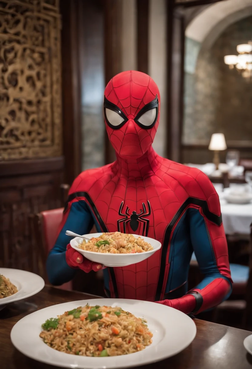 Cinematographer, ultra realista, Ropa detallada, Bellamente detallado, UHD, HDR, Altas Resoluciones, ultra detallado, Detalles intrincados, Efectos texturales, absurdos, obra maestra, 8k:1.2. En esta imagen, vemos a Spider-Man en un inusual descanso de sus actividades heroicas. He's standing in a chic Asian restaurant in his iconic costume..........
Spider-Man holds a bowl of fried Chinese rice combined with oriental stir-fried noodles in his hands skillfully., usando unos elegantes palillos chinos para llevar un bocado a su boca. The plate is full of fried rice, salteado. The restaurant is decorated with traditional Chinese elements, como linternas rojas colgando del techo y dragones dorados esculpidos en las paredes. The dim light of the lanterns creates a warm and welcoming atmosphere in the place.
