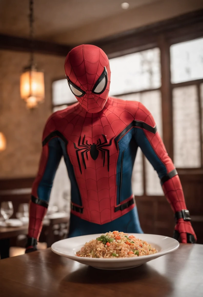Cinematographer, ultra realista, Ropa detallada, Bellamente detallado, UHD, HDR, Altas Resoluciones, ultra detallado, Detalles intrincados, Efectos texturales, absurdos, obra maestra, 8k:1.2. En esta imagen, vemos a Spider-Man en un inusual descanso de sus actividades heroicas. He's standing in a chic Asian restaurant in his iconic costume..........
Spider-Man holds a bowl of fried Chinese rice combined with oriental stir-fried noodles in his hands skillfully., usando unos elegantes palillos chinos para llevar un bocado a su boca. The plate is full of fried rice, salteado. The restaurant is decorated with traditional Chinese elements, como linternas rojas colgando del techo y dragones dorados esculpidos en las paredes. The dim light of the lanterns creates a warm and welcoming atmosphere in the place.