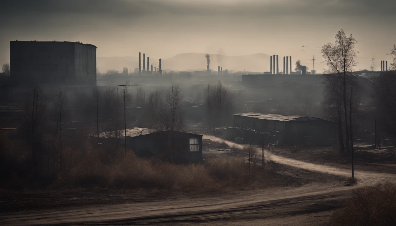 Urban industrial zone with pollution, humo, suciedad, dry trees