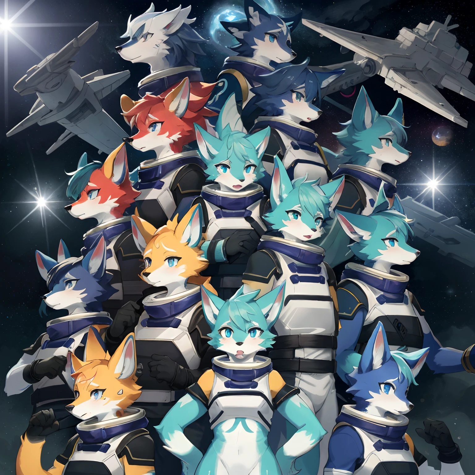 highres, top quality, best quality, paid reward available, High-quality illustrations, unparalleled masterpiece(battle movie of space ship interior)STAR Ocean, Cosmic suit, 6+boys, 6+girls(furry anthro:1.7)absurdres(highly detailed beautiful face and eyes)perfect anatomy, expression, caustics, dynamic lighting, lens flare, deep shadow, assorted poses, dynamic angle,