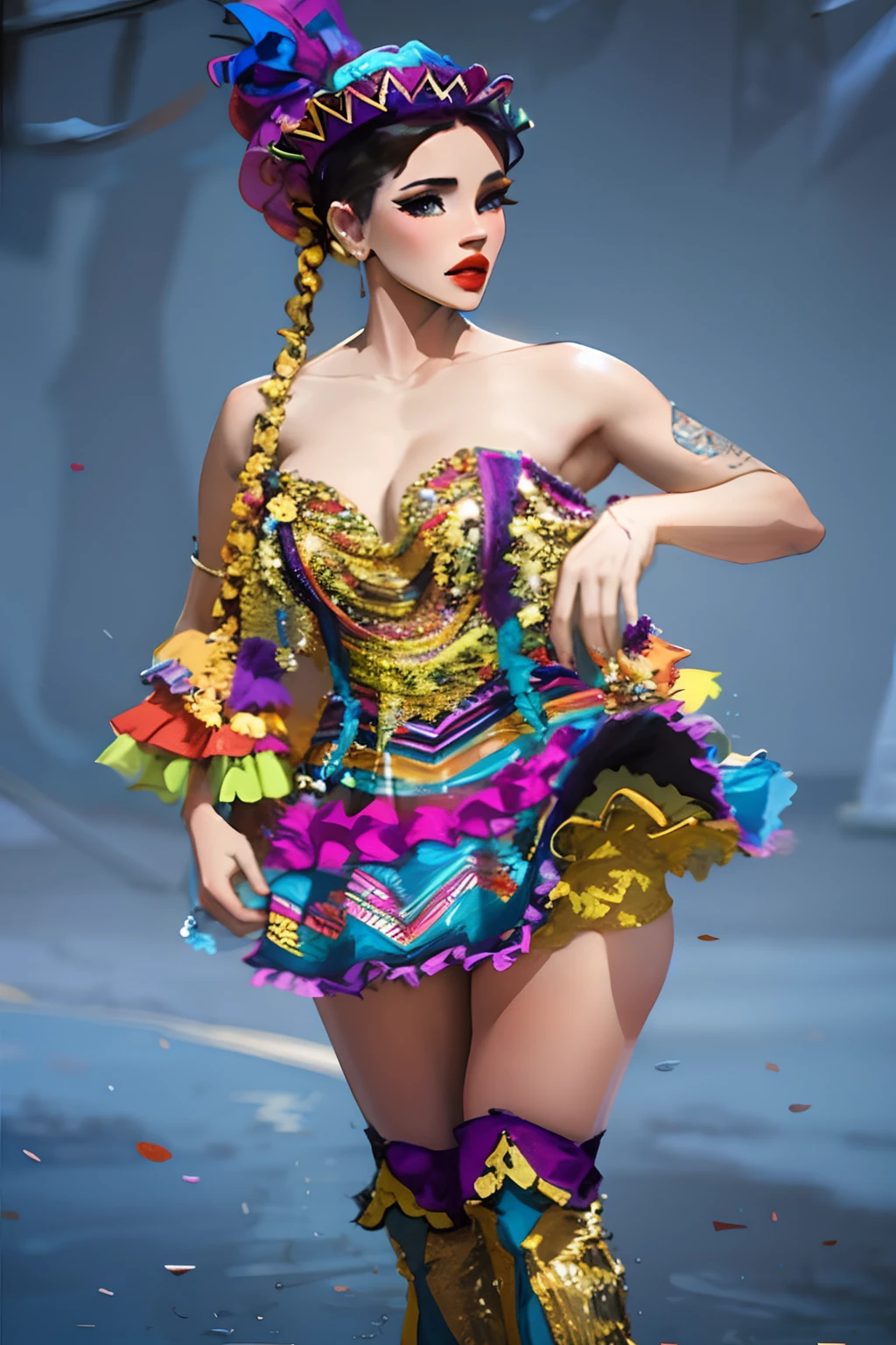 Una mujer con un traje colorido posando para una foto, Audaz atuendo rave, celebration costume, Vestido de moda maximalista, Hermoso disfraz, usando un vestido hecho de cuentas, Disfraz de joya, Plethora of colors ; Mini vestido, Disfraz elaborado, Traje rave, Colorful and rich fantasy clothing, Traje intrincado, Llevar un atuendo adornado, Vestido de moda maximalista moderno, Traje rave salvaje