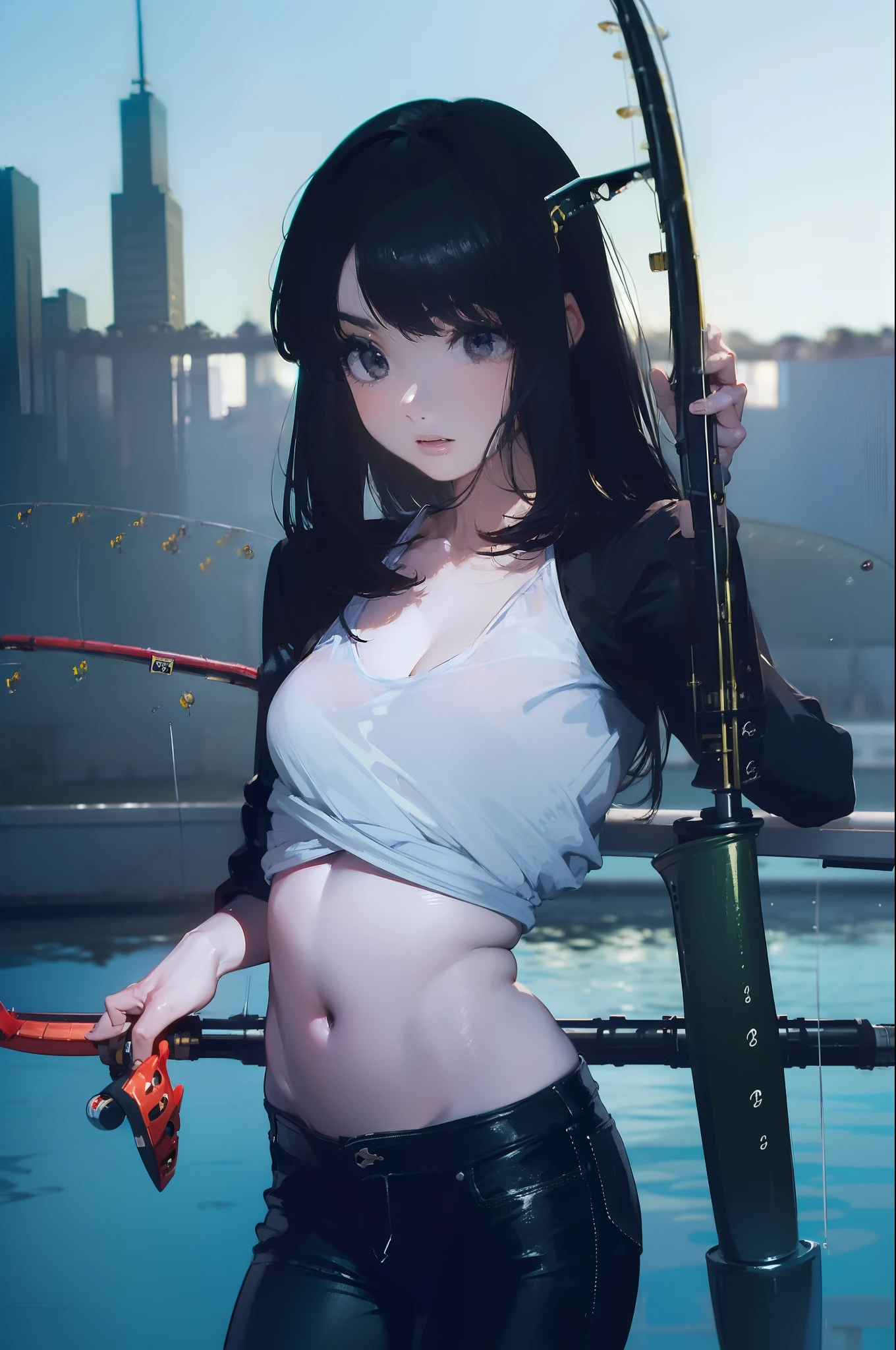 ((((Have fishing rod with a reel:1.5)))),((Female 28 years old)),((Best Quality:1.5)),(((Hands with the correct number and structure of fingers:1.4))),((lakeside:1.37)),hight resolution,ultra-detailliert,masterpiece,best qualtiy,(Eight-headed body),Black hair, long eyeslashes, Solid Circle Eyes, drop shadow, Atmospheric perspective,Super Detail, ccurate, small brest,(Black jacket and black jeans :1.1),top-quality, blurry backround, bokeh dof:1.2, (masterpiece:1.3), Atmospheric perspective,Super Detail,dynamic compositions, Ultra High Quality,