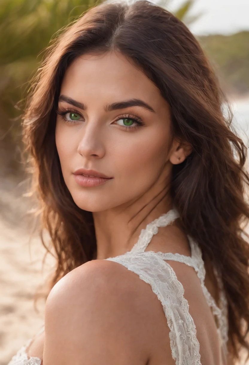 Portrait of a sexy latina girl, brunette with green eyes. Enviroment beach