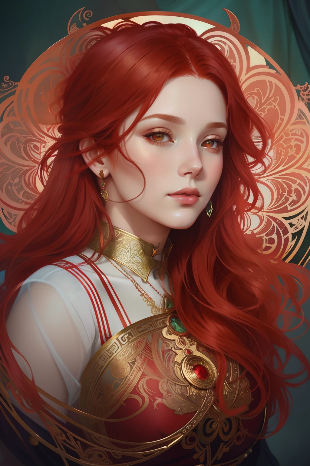 a close up of a woman with red hair and a hat, stunning digital illustration, red haired goddess, beautiful digital illustration, in the art style of bowater, alphonse mucha and rossdraws, charlie bowater rich deep colors, exquisite digital illustration, beautiful fantasy art portrait, artgerm. high detail, artgerm. anime illustration