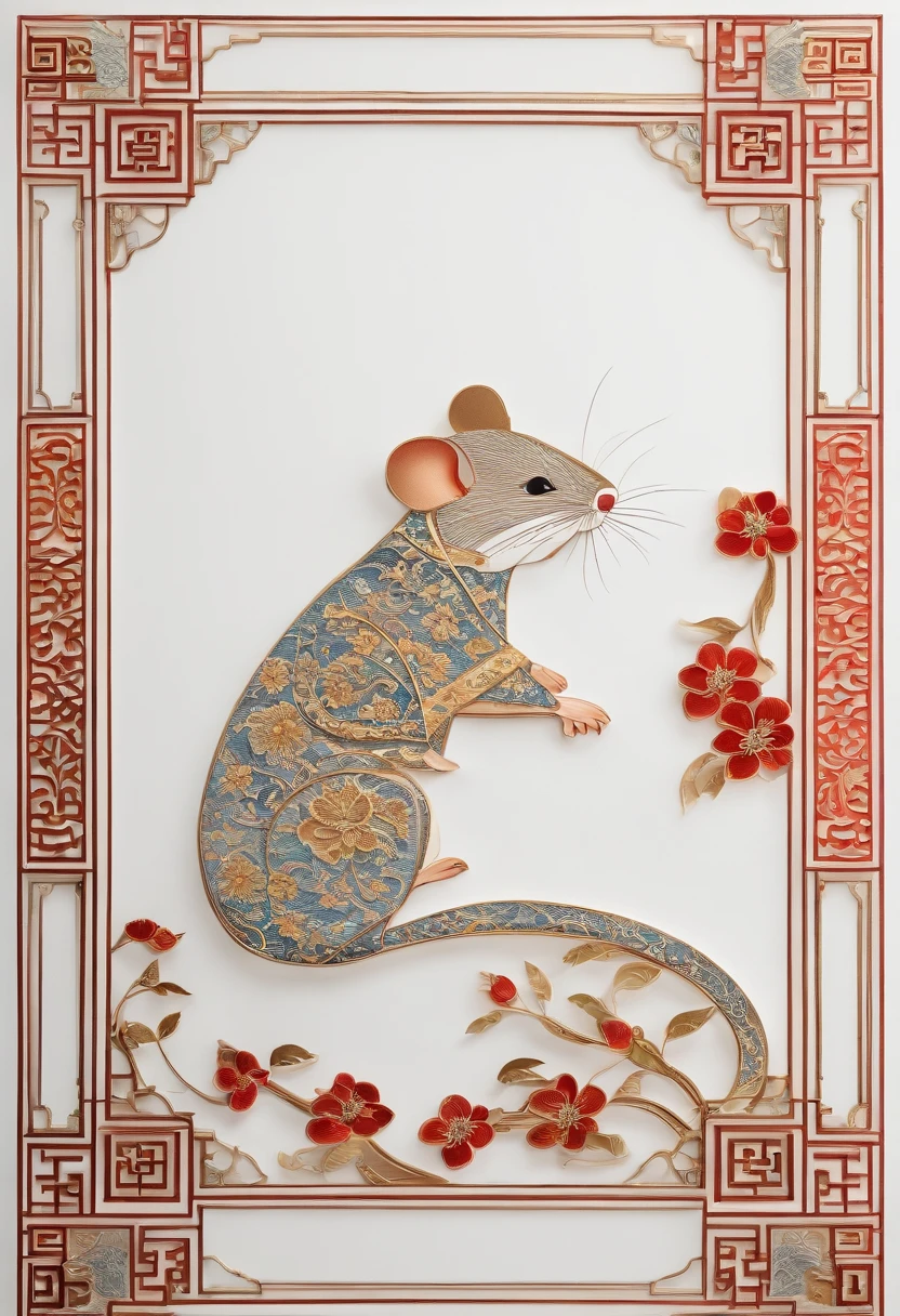 (White background:1.4),(A mouse, Oriental elements),(Chinese illustration:1.3,paper art:1.3, Quilted paper art:1.2),( reasonable design, Clear lines, High sharpness,Best quality, Very detailed, Masterpiece, movie light effect, 4K )