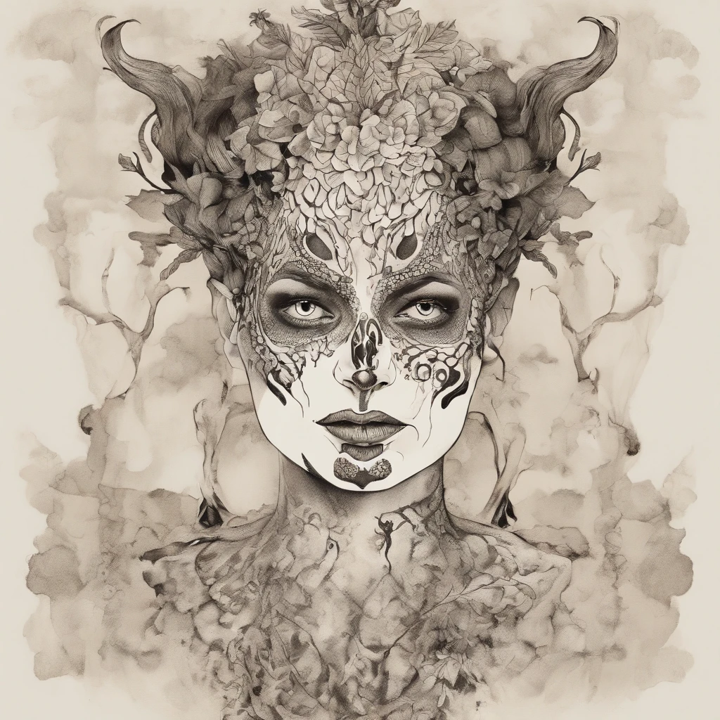 Medusa, hand drawn sketch, pen and ink line illustration, candid, double exposure, silhouette, optical illusion,((art style "Sean Gordon Murphy" comic drawing, splash panel)), nyctophobia, full body portrait, snake skin dress, (body, Naga, snakefolk, lower body snake tail, snake woman hybrid, bald, hairless, skeleton, body drawn in Frederic Delavier musculature anatomical illustration art style, snake skin tattoos, piercing eyes, snake pupils), (face, ornate black metal corpse paint, resembles Grace Jones), craftsmanship nuance, full body portrait, (colors, forest green to earth brown, merge bleak muted deep fiery radiant glowing ROYGBIV), (background, pine barrens, entropy, rewilding, magic hour sunset with galaxy stars, cosmos), subliminal orchids, (horror, abstract, surreal, body, cosmic), (art style Gerardo Zaffino charcoal), unfinished,