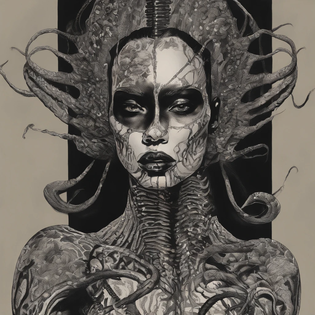 Medusa, hand drawn sketch, pen and ink line illustration, candid, double exposure, silhouette, optical illusion,((art style "Sean Gordon Murphy" comic drawing, splash panel)), nyctophobia, full body portrait, snake skin dress, (body, Naga, snakefolk, lower body snake tail, snake woman hybrid, bald, hairless, skeleton, body drawn in Frederic Delavier musculature anatomical illustration art style, snake skin tattoos, piercing eyes, snake pupils), (face, ornate black metal corpse paint, resembles Grace Jones), craftsmanship nuance, full body portrait, (colors, forest green to earth brown, merge bleak muted deep fiery radiant glowing ROYGBIV), (background, pine barrens, entropy, rewilding, magic hour sunset with galaxy stars, cosmos), subliminal orchids, (horror, abstract, surreal, body, cosmic), (art style Gerardo Zaffino charcoal), unfinished,