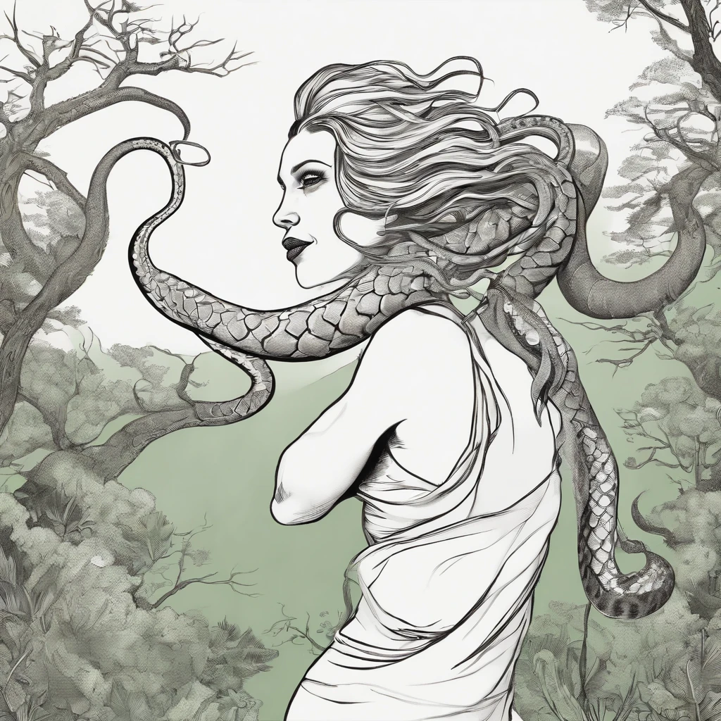 (comic art style), sketch of a silhouette of a woman, medusa, bald, hairless, snakes on head, lower body snake tail, snake woman hybrid, rear view, full length, snake dress, sketchbook, dark, gritty, realistic sketch, rough sketch, mix of dark bold lines and loose lines, hand drawn sketch, pen and ink line illustration, candid, ((art style "Sean Gordon Murphy" comic drawing, splash panel)), full body portrait, (body, Naga, snakefolk, lower body snake tail, snake woman hybrid, bald, hairless, skeleton, body drawn in Frederic Delavier musculature anatomical illustration art style, snake skin tattoos, piercing eyes, snake pupils), snake skin dress, ((colors, forest green to earth brown, merge bleak muted deep fiery radiant glowing ROYGBIV:1.1)),