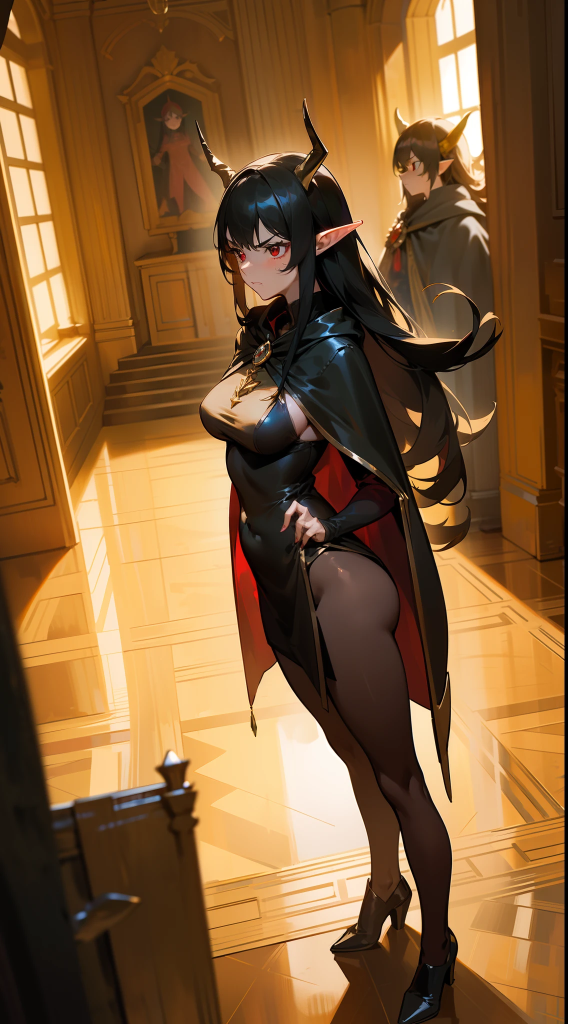 1woman,((40 years)),((madure female)),solo,angry face,golden and black short dress,medium tits,black hair,long hair,red eyes,elves ears,golden horns,pantyhose,short cape,(((standing in front of a room inside a castle)))