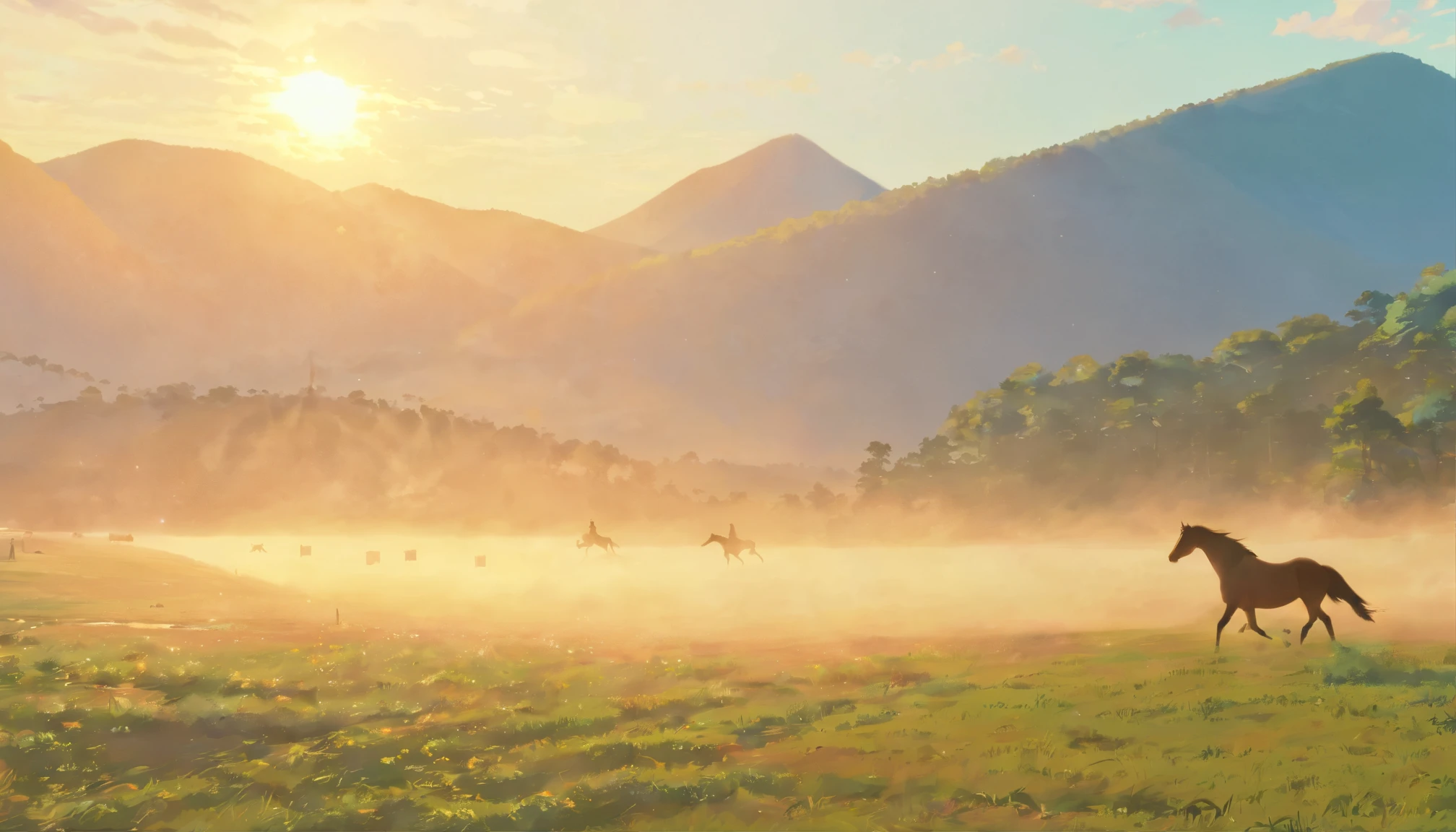 Horses walk through the dust of the mountains on a sunny day，See the Horse Valley，by Basuki Abdullah，National Geographic, Indonesia，Cavalry charge，Morning atmosphere，sunraise，Early morning light，In the early morning，morningglow，Darek Zabroki，in the early morning，in the early morning，Eric Pevernagi，National Geographic Photos"