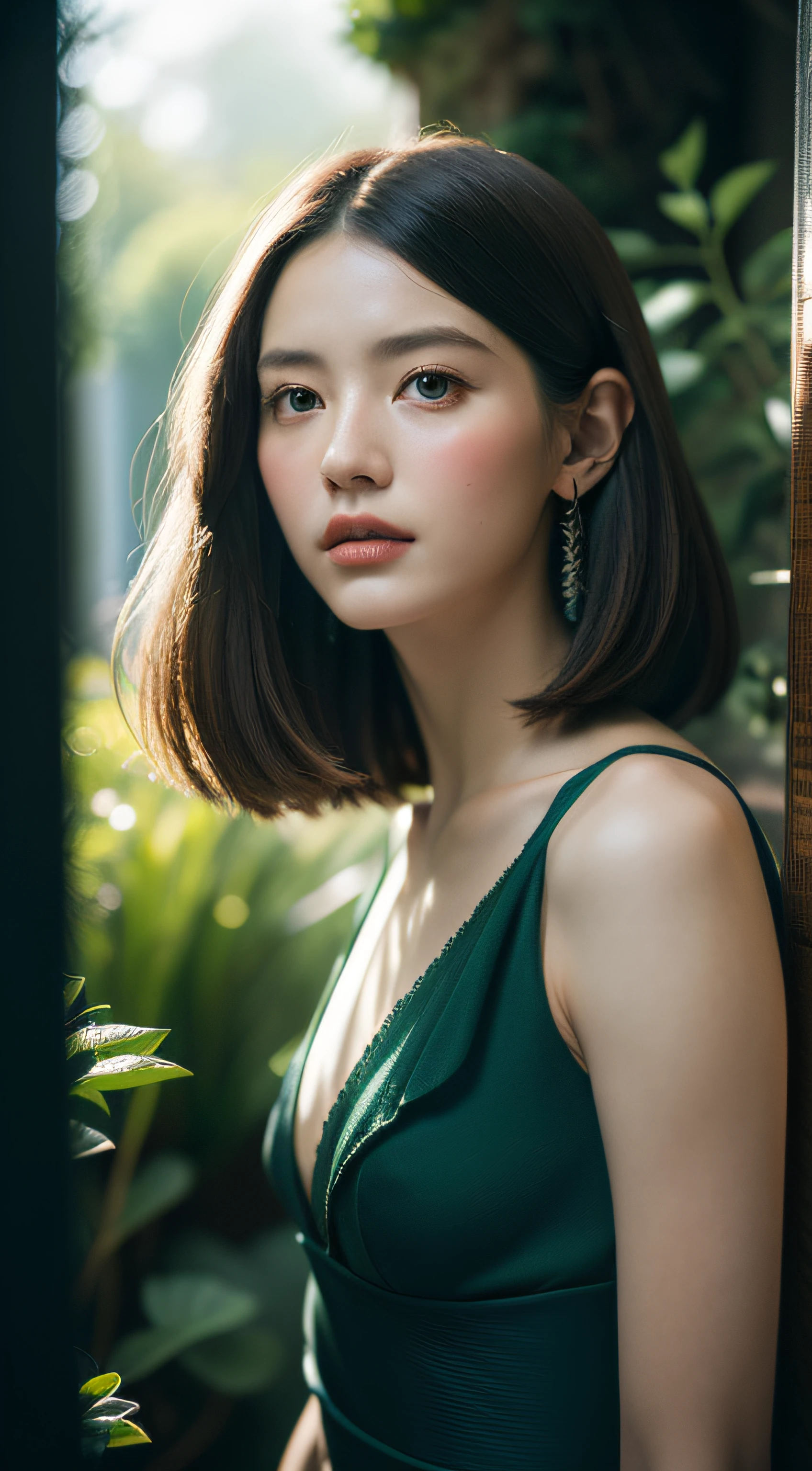 lndswgnr, (Sharp Focus: 1.5), (Sharp Focus:1.2), Photo, attractive young woman, (Beautiful face:1.1), Detailed eyes, luscious lips, (Bold red lip color:0.85), (medium breasts:1.0), (Slim body:1.2), Wearing (1980s Peplum Dresses:1.2) で (Botanical Garden:1.2). (Moody lighting:1.2), depth of fields, Bokeh, 4K, nffsw. in door (by James C. Christensen:1.2|Jeremy Lipking:1.1).