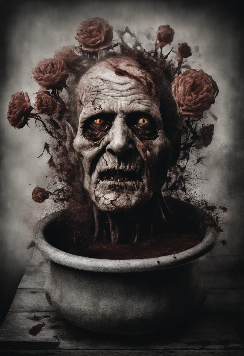 scary picture,Old man's head in a flower pot,No eyeballs,open open mouth,bleed,nigth