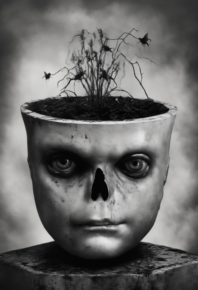 scary picture，A child's head in a flower pot，No eyeballs，open open mouth，bleed，nigth
