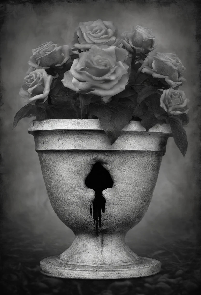 scary picture,A child's head in a flower pot,No eyeballs,open open mouth,bleed,nigth