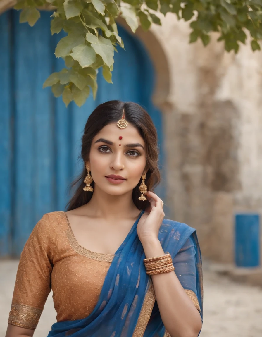 Woman in typical Indian dress, Blue gate in the background, half-length shot, Sunny day, high-quality photo
